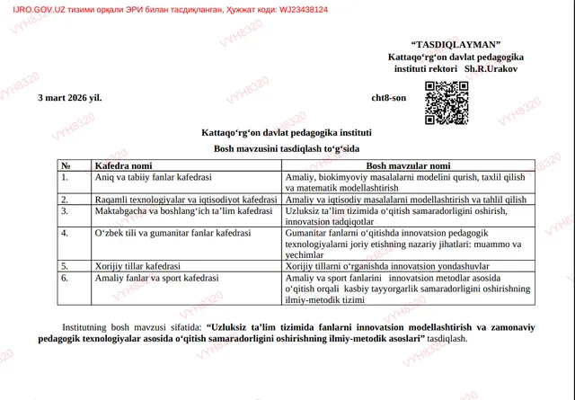 Uzluksiz ta’lim tizimida fanlarni innovatsion modellashtirish va zamonaviy pedagogik texnologiyalar asosida o‘qitish samaradorligini oshirishning ilmiy-metodik asoslari