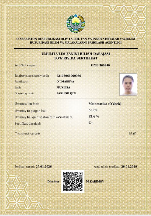 Matematika yo‘nalishi talabasi C+ darajadagi milliy sertifikatni qo‘lga kiritdi