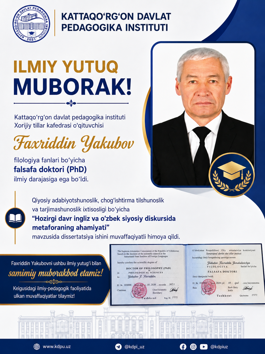 Faxriddin Yakubov ilmiy darajaga ega bo‘ldi