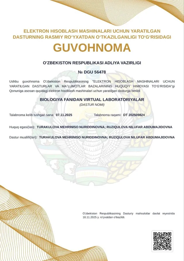 VIRTUAL BIOLOGIYA LABORATORIYALARI DASTURIGA MUALLIFLIK HUQUQI BERILDI