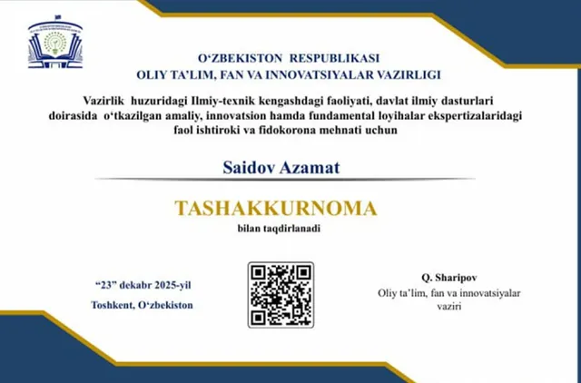PEDAGOGIKA FAKULTETI DEKANI VAZIRLIK TOMONIDAN TASHAKKURNOMA BILAN TAQDIRLANDI