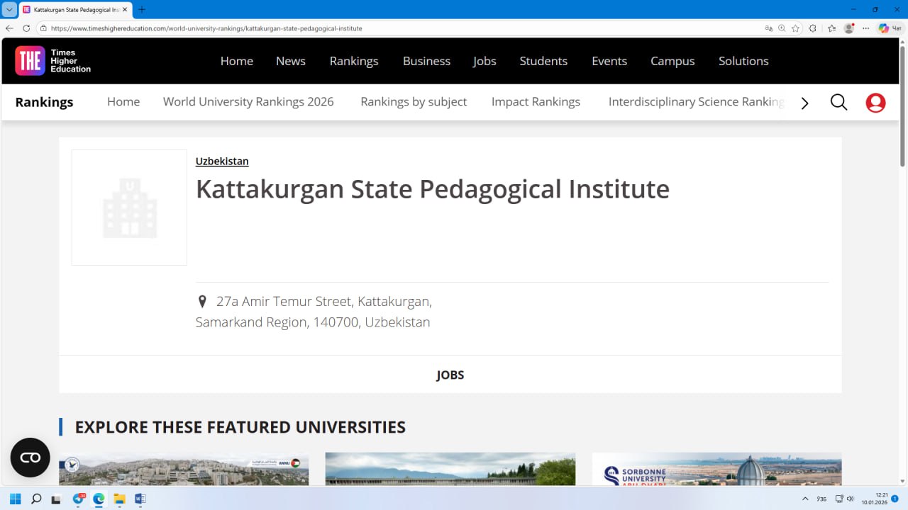 Kattaqo‘rg‘on davlat pedagogika instituti xalqaro ilmiy maydonda THE reytingida e’tirof etildi