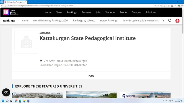 Kattaqo‘rg‘on davlat pedagogika instituti xalqaro ilmiy maydonda THE reytingida e’tirof etildi