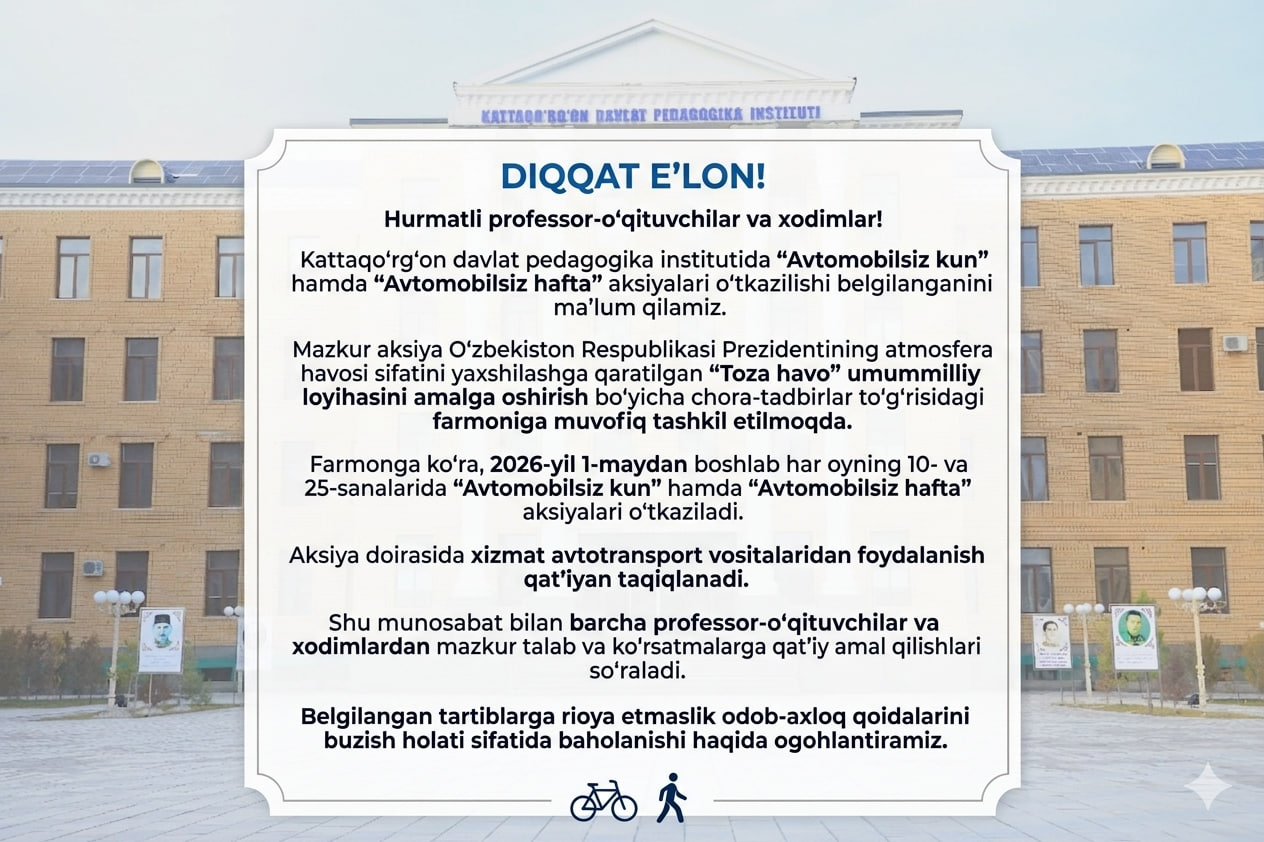 “Avtomobilsiz kun” va “Avtomobilsiz hafta” aksiyalari o‘tkaziladi