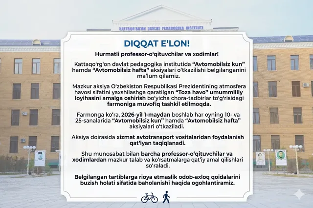“Avtomobilsiz kun” va “Avtomobilsiz hafta” aksiyalari o‘tkaziladi