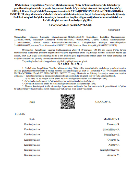 KATTAQO'RG'ON DAVLAT PEDAGOGIKA INSTITUTI ning Akademik va Ijtimoiy komissiya tomonidan taqdim qilingan 371 nafar talabgorga oid natijalari mutaxassisliklar kesimida ta’lim granti turi bo’yicha