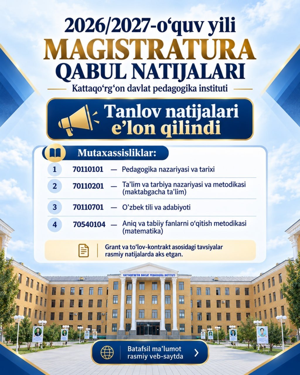 MAGISTRATURA QABULI NATIJALARI E’LON QILINDI!
