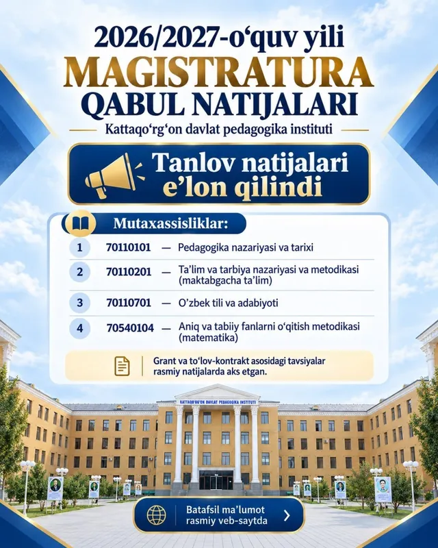 МАГИСТРАТУРА ҚАБУЛИ НАТИЖАЛАРИ E’LON ҚИЛИНДИ!
