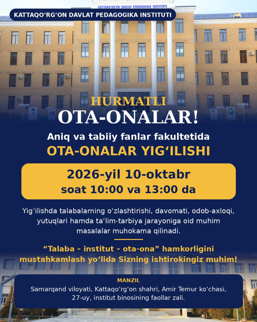 OTA-ONALAR YIG‘ILISHIGA TAKLIF ETAMIZ!