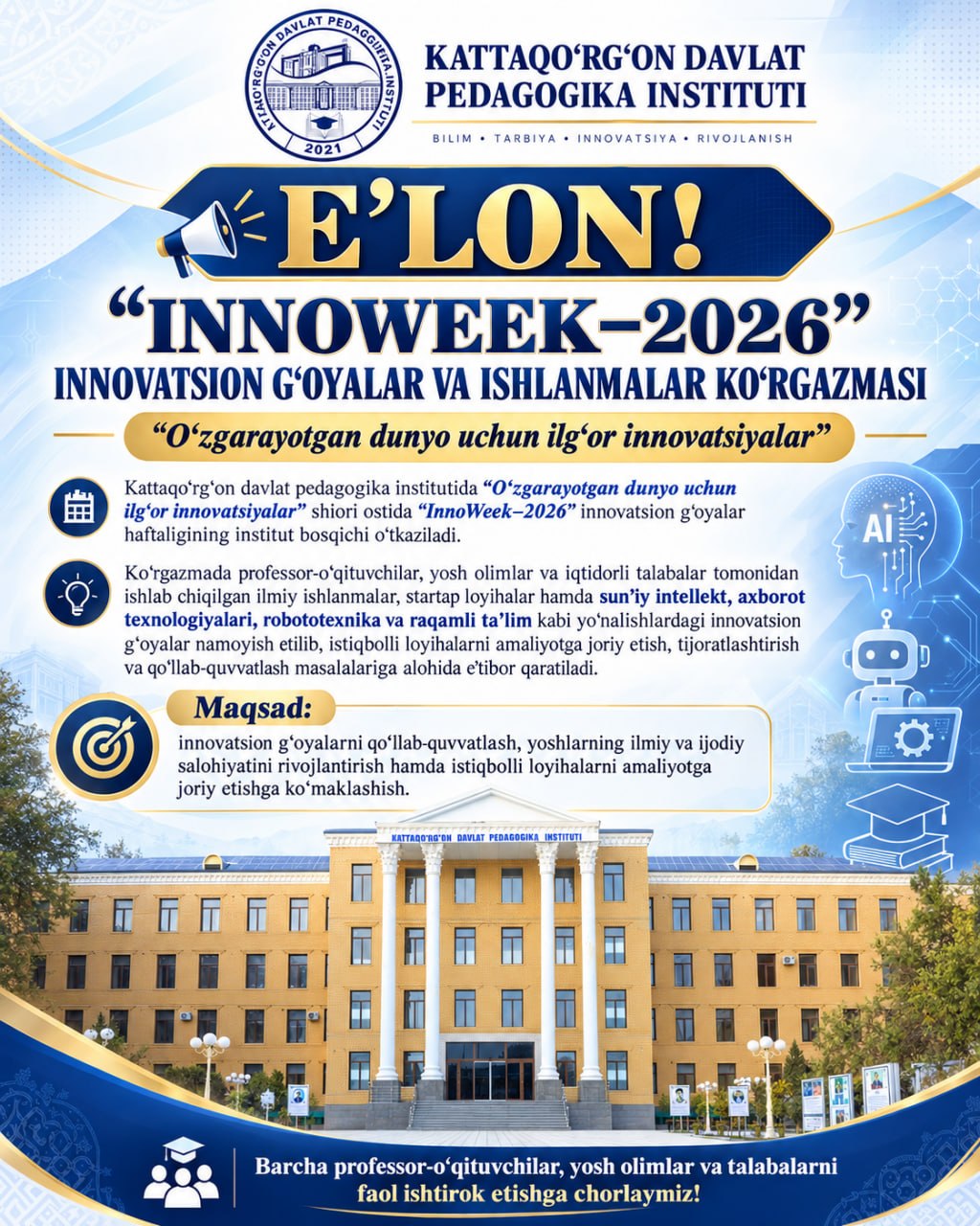 “INNOWEEK–2026” INNOVATSION G‘OYALAR VA ISHLANMALAR KO‘RGAZMASI